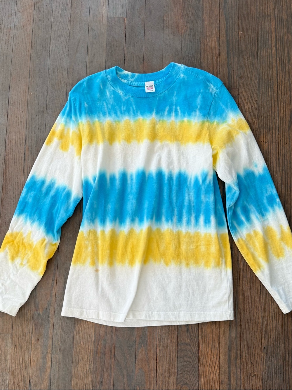 Re/Done Long Sleeve Tie-Dye Tee in Blue, Yellow & White